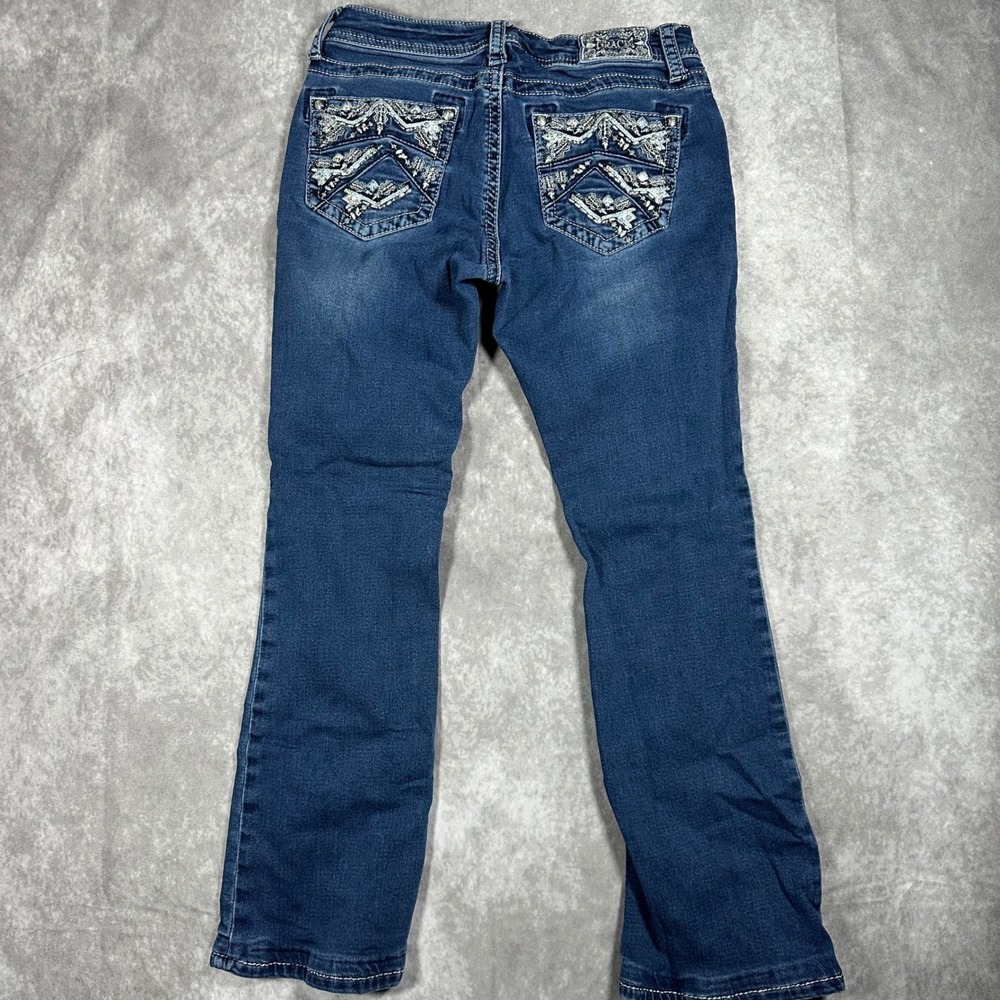 Grace in LA Womens 29 Low Rise Embroidered Sequin Bootcut Jeans Blue Denim